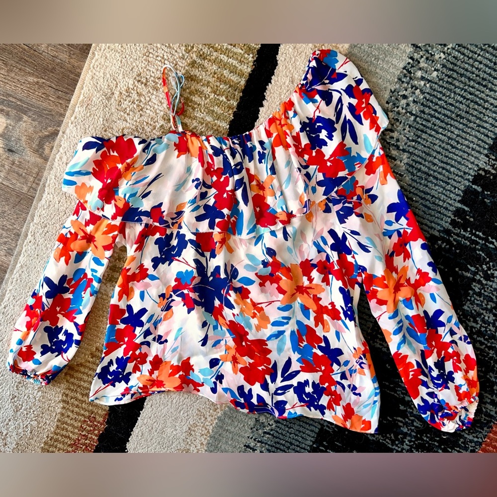 Silk, floral blouse with interesting shoulder structure